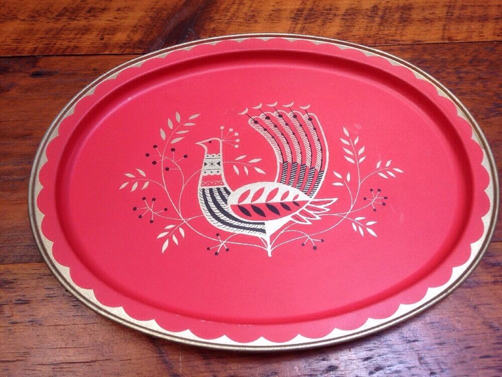 Vtg Mid Century Danish Scandinavian Peacock Bird Pink Gold Serving Cocktail Tray